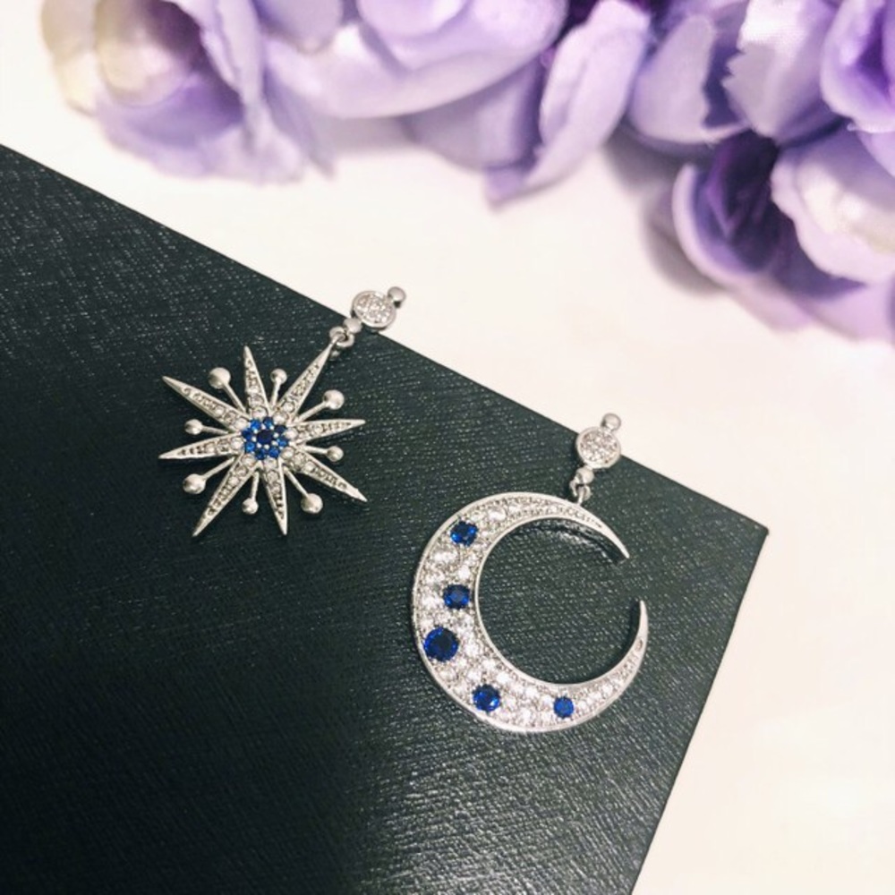 Clearance Asymmetric Moon Star Silver Sapphire Earrings. Silver moon earrings
